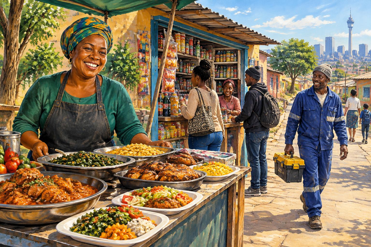 Illustration of neighbourhood food vendors, shops and tradespeople