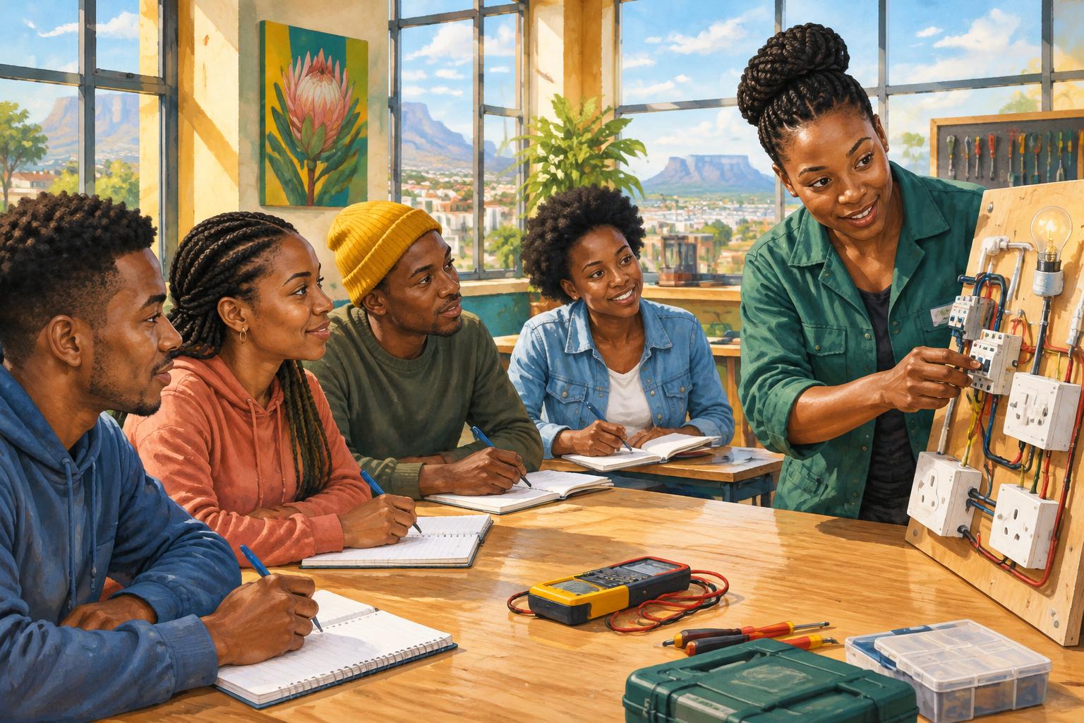 Illustration of young adults learning practical skills in a community workshop