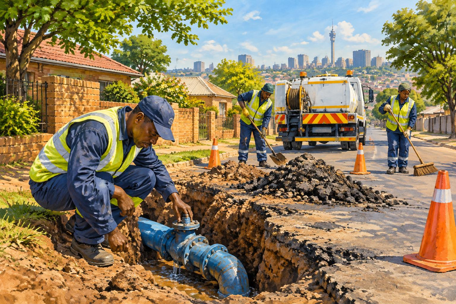 Illustration of neighbourhood workers maintaining roads and water services