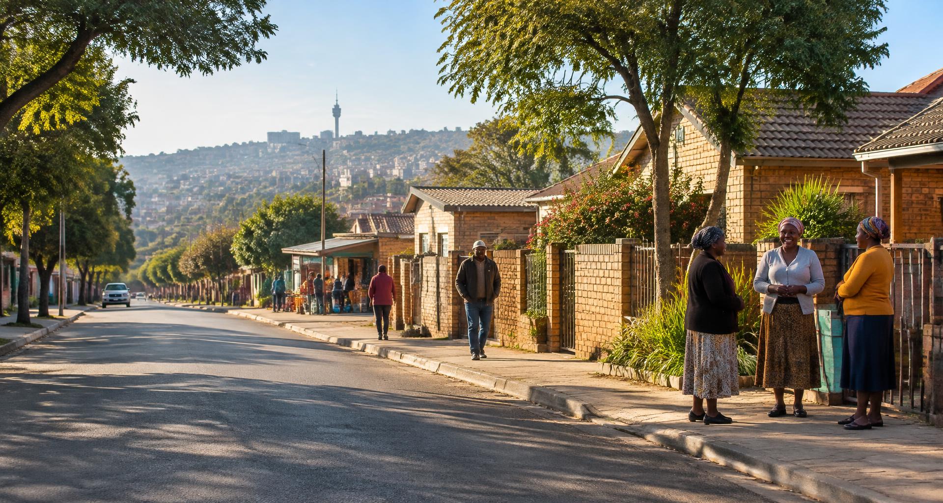 An illustrated view of everyday community life on a Johannesburg neighbourhood street